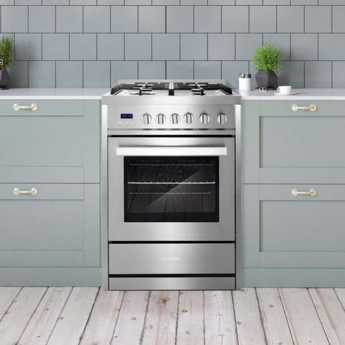 Cosmo 24" Single Oven Gas Range with 2.73 Cu. Ft. Capacity, 4 Burner Cooktop, and Heavy-Duty Cast Iron Grates in Stainless Steel