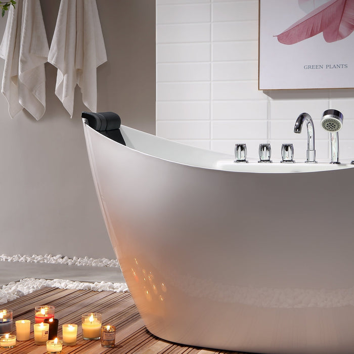 Empava 59" Freestanding Boat-Shape Whirlpool Bathtub with Central Drain in White