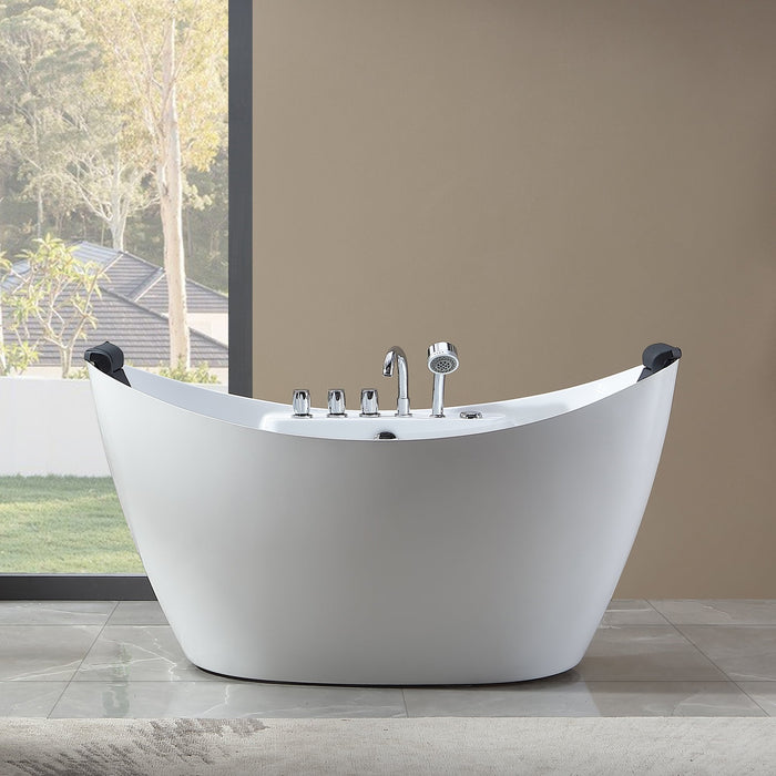 Empava 59" Freestanding Boat-Shape Whirlpool Bathtub with Central Drain in White