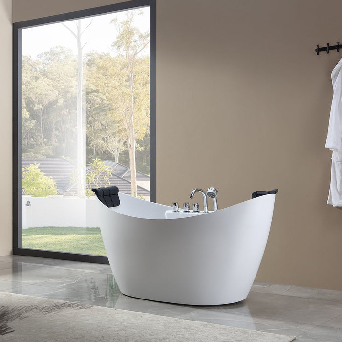Empava 59" Freestanding Boat-Shape Whirlpool Bathtub with Central Drain in White