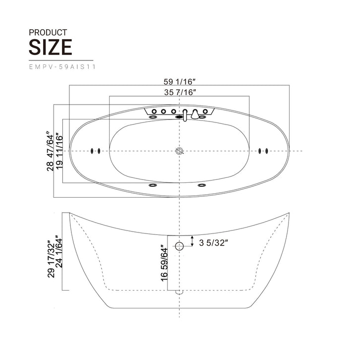 Empava 59" Freestanding Boat-Shape Whirlpool Bathtub with Central Drain in White