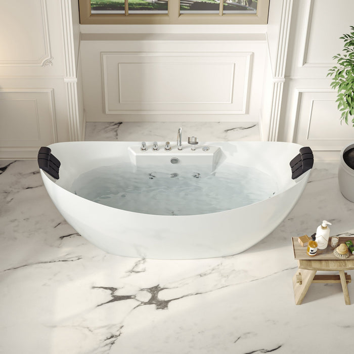 Empava 59" Freestanding Boat-Shape Whirlpool Bathtub with Central Drain in White