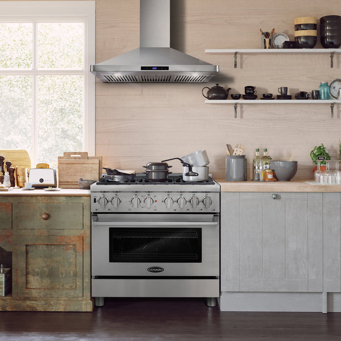 Cosmo 36" Wall-Mounted Convertible Range Hood with 380 CFM, Push Button Controls, and Carbon Filter Kit