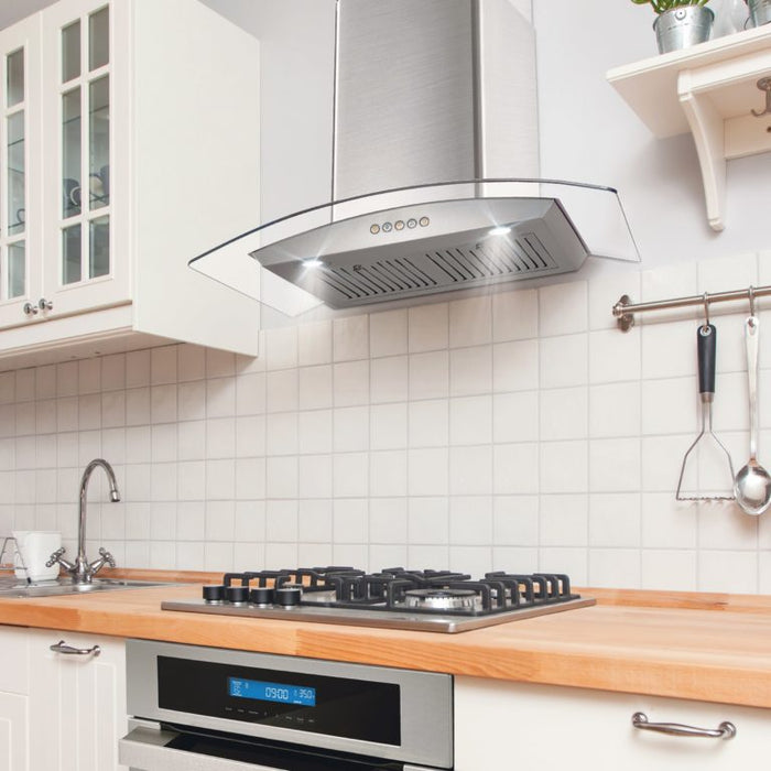 Cosmo 30" Convertible Wall-Mounted Range Hood with 380 CFM, Glass Canopy, Push Button Controls, and Carbon Filter Kit