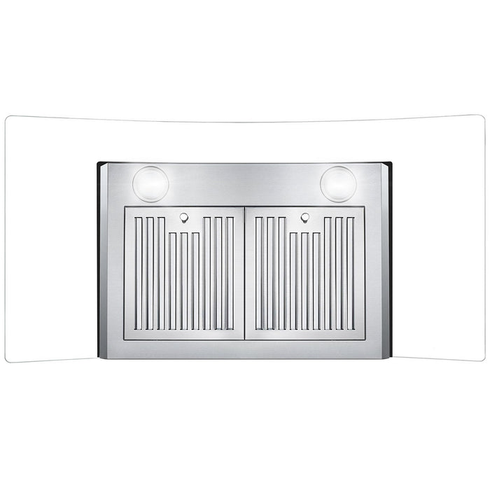 Cosmo 36" Convertible Wall-Mounted Range Hood with 380 CFM, Glass Canopy, Push Button Controls, and Carbon Filter Kit