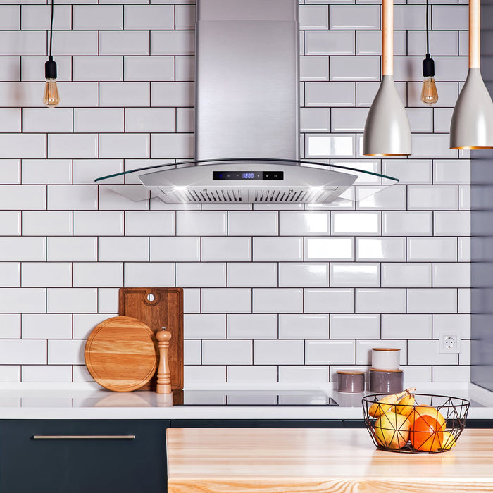Cosmo 30" Convertible Wall-Mounted Range Hood with 380 CFM, Glass Canopy, Digital Touch Controls, and Carbon Filter Kit