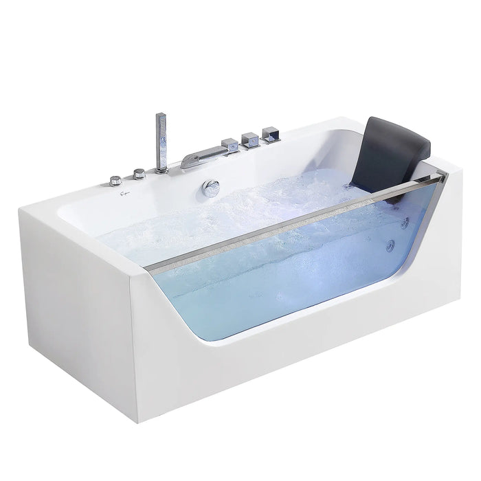 Empava 67" Alcove Whirlpool Bathtub with LED Lighting and Center Drain in White