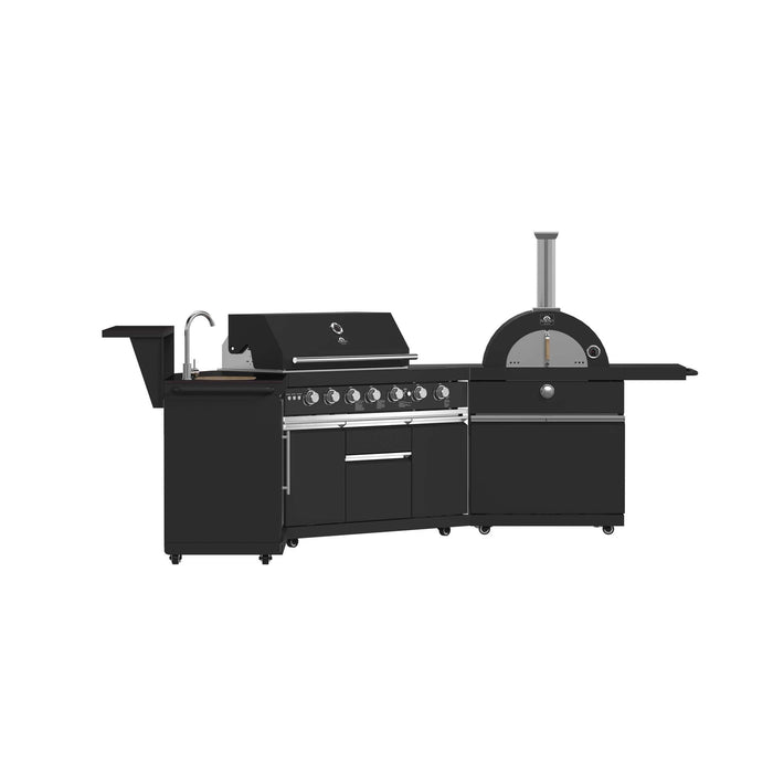 Forno All'Aperto 87,600 BTU BBQ with 4 Stainless-Steel Burners with Infrared Burners & Side Burner, Sink Module with Black Sintered Stone Countertops, Gaz Pizza Oven, Bar & Beverage Center