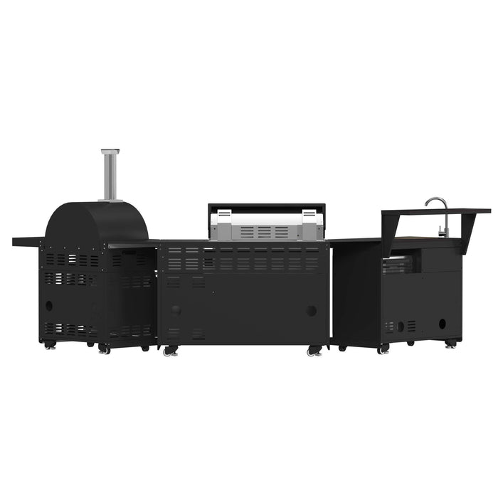 Forno All'Aperto 87,600 BTU BBQ with 4 Stainless-Steel Burners with Infrared Burners & Side Burner, Sink Module with Black Sintered Stone Countertops, Gaz Pizza Oven, Bar & Beverage Center