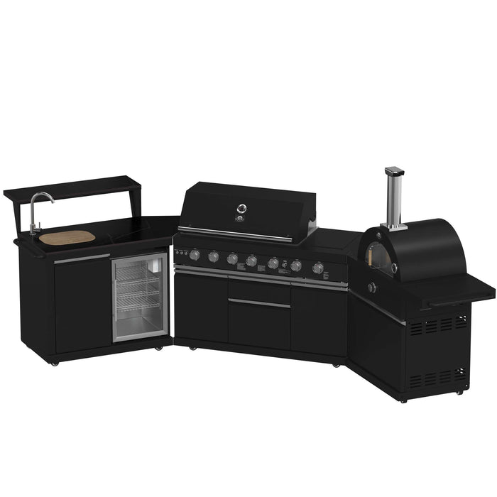 Forno All'Aperto 87,600 BTU BBQ with 4 Stainless-Steel Burners with Infrared Burners & Side Burner, Sink Module with Black Sintered Stone Countertops, Gaz Pizza Oven, Bar & Beverage Center