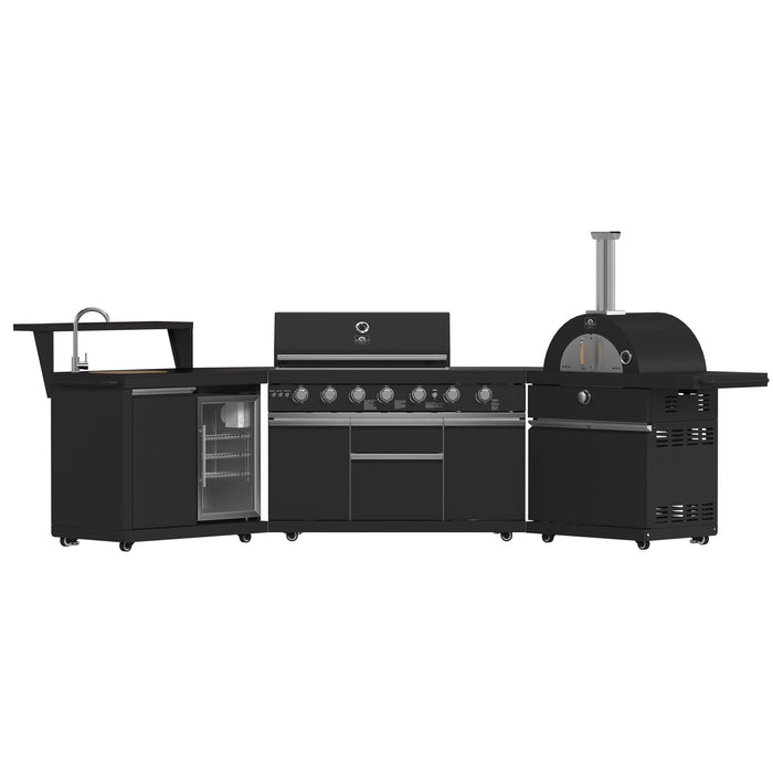 Forno All'Aperto 87,600 BTU BBQ with 4 Stainless-Steel Burners with Infrared Burners & Side Burner, Sink Module with Black Sintered Stone Countertops, Gaz Pizza Oven, Bar & Beverage Center