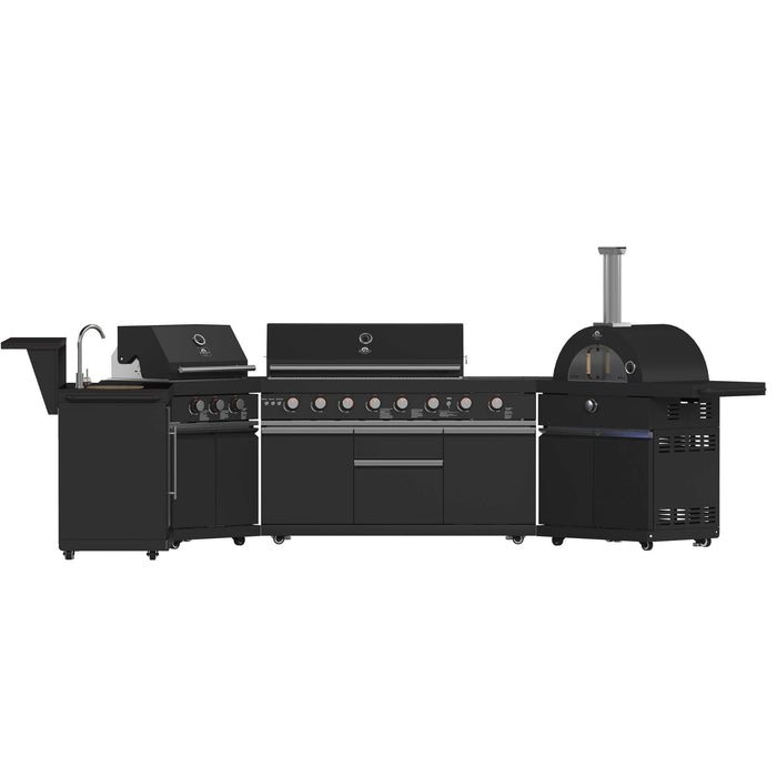 Forno All'Aperto 99,600 BTU BBQ with 5 Stainless-Steel Burners with Infrared Burners & Side Burner, Sink Module with Black Sintered Stone Countertops, Plancha, Gas Pizza Oven, Bar & Beverage Center