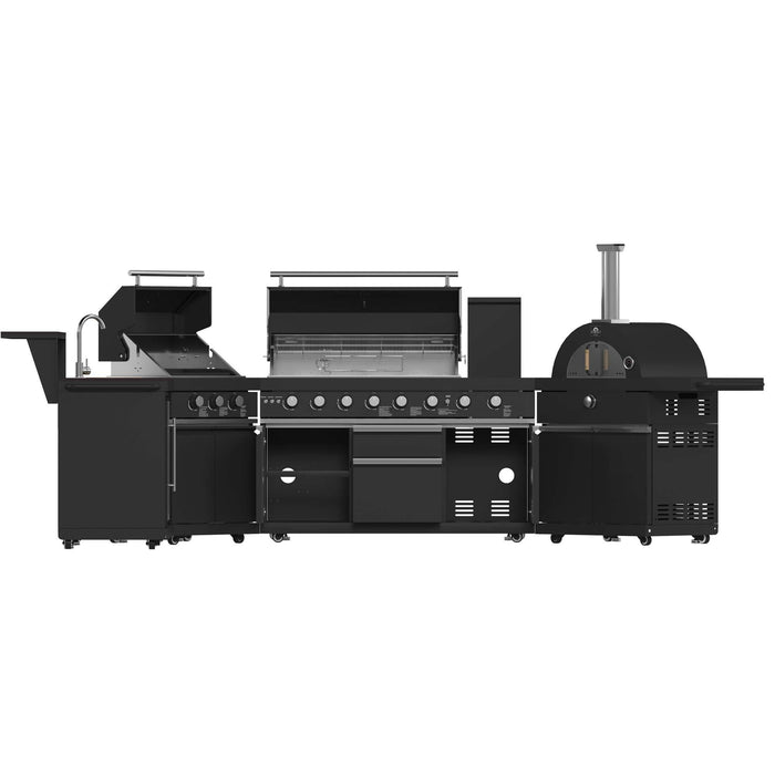 Forno All'Aperto 99,600 BTU BBQ with 5 Stainless-Steel Burners with Infrared Burners & Side Burner, Sink Module with Black Sintered Stone Countertops, Plancha, Gas Pizza Oven, Bar & Beverage Center