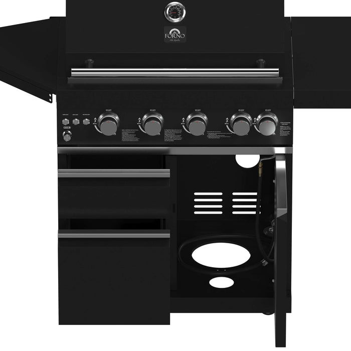 Forno All'Aperto 62,600 BTU BBQ with 3 Stainless-Steel Burners & Infrared Burners & Sink Module with Black Sintered Stone Countertops, Bar & Beverage Center