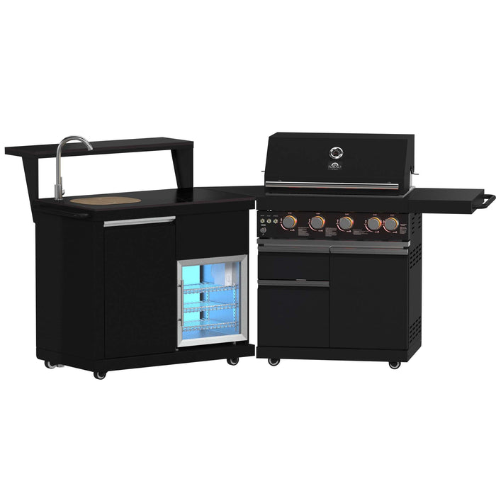 Forno All'Aperto 62,600 BTU BBQ with 3 Stainless-Steel Burners & Infrared Burners & Sink Module with Black Sintered Stone Countertops, Bar & Beverage Center