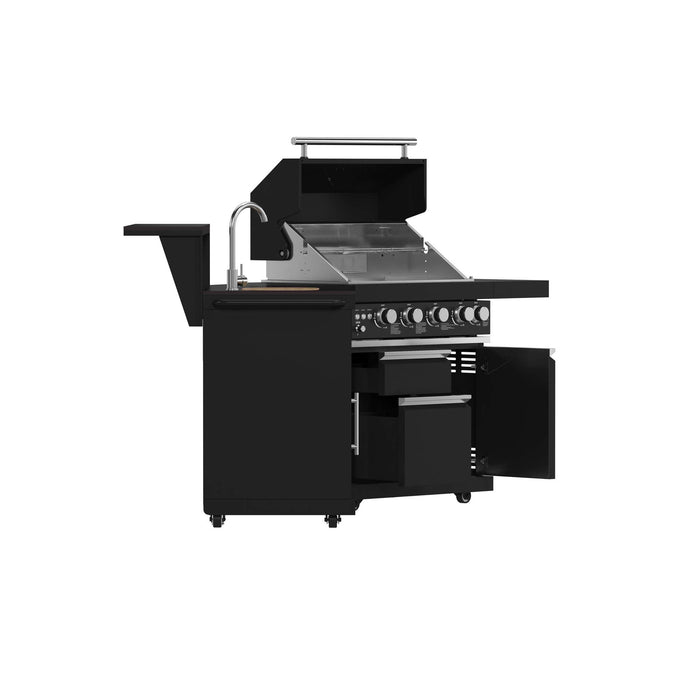 Forno All'Aperto 62,600 BTU BBQ with 3 Stainless-Steel Burners & Infrared Burners & Sink Module with Black Sintered Stone Countertops, Bar & Beverage Center