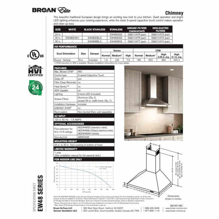 Broan Elite 30-inch EW48 Series Pyramid Chimney Range Hood, 460 CFM Max Blower in Stainless Steel