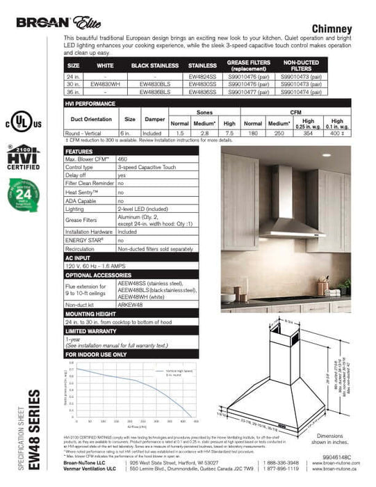 Broan Elite 36-inch EW48 Series Pyramid Chimney Range Hood, 460 CFM Maximum Blower in Stainless Steel