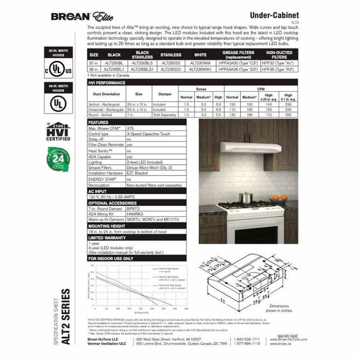 Broan Elite 30-inch Convertible Under-Cabinet Range Hood, 375 Max CFM Blower in Stainless Steel