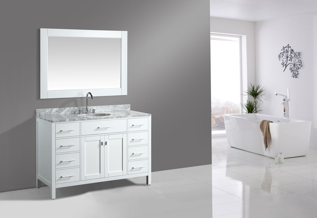 London 54" Single Sink Vanity in White with Marble Vanity Top with Matching Mirror