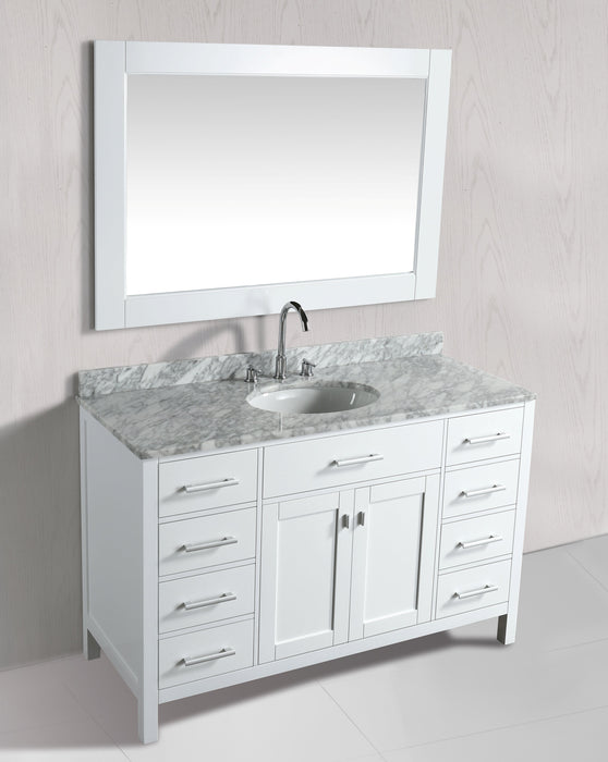 London 54" Single Sink Vanity in White with Marble Vanity Top with Matching Mirror