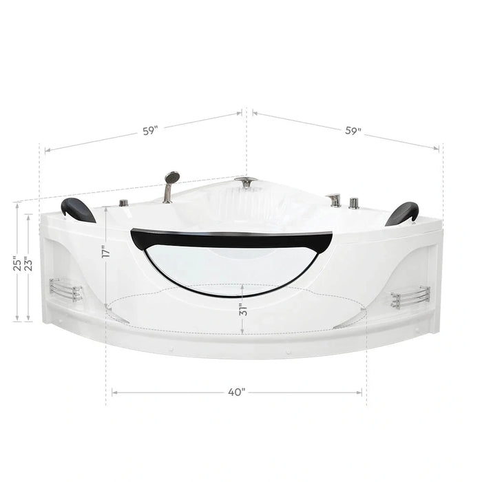Empava 59" Alcove Whirlpool Inline Heater Left Drain LED Tub in White