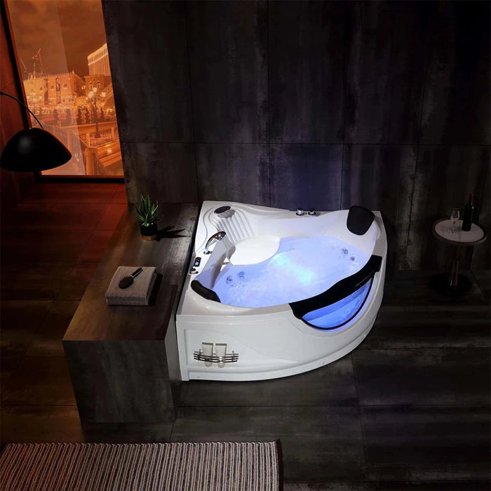 Empava 59" Alcove Whirlpool Inline Heater Left Drain LED Tub in White
