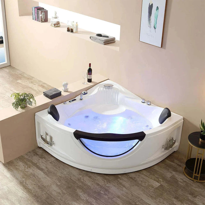 Empava 59" Alcove Whirlpool Inline Heater Left Drain LED Tub in White