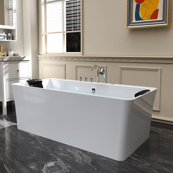 Empava 67" Freestanding Whirlpool Tub with Faucet and Central Drain in White