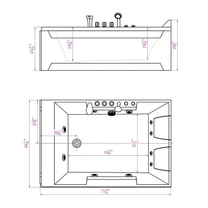 Empava 72" Alcove Whirlpool LED Bathtub Left Drain for 2 Persons in White