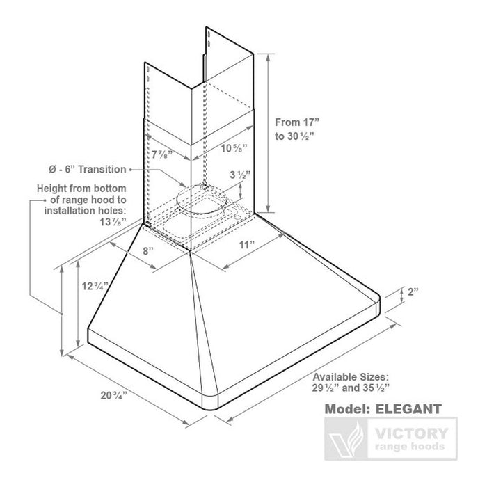 VICTORY Elegant 36 inch 600 CFM Wall Mounted Range Hood in Stainless Steel