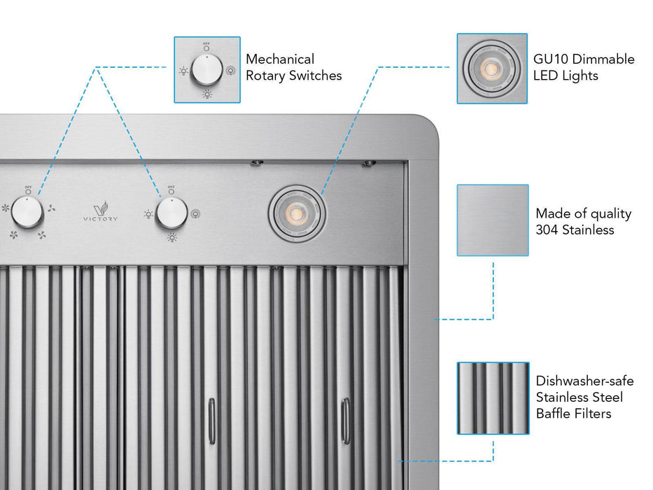 Victory Verona 36 Inch 900 CFM Under Cabinet Range Hood in Stainless Steel