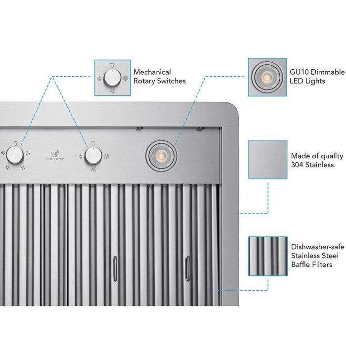 VICTORY Elegant 36 inch 600 CFM Wall Mounted Range Hood in Stainless Steel