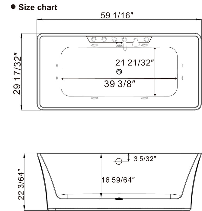 Empava 59" Freestanding Rectangular Whirlpool Tub with Central Drain in White