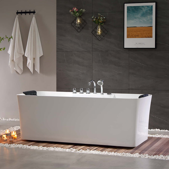 Empava 59" Freestanding Rectangular Whirlpool Tub with Central Drain in White