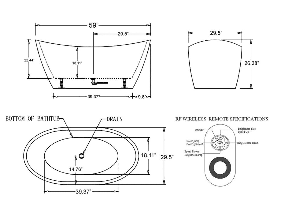 59" Freestanding Soaking Tub with LED Lighting and Central Drain