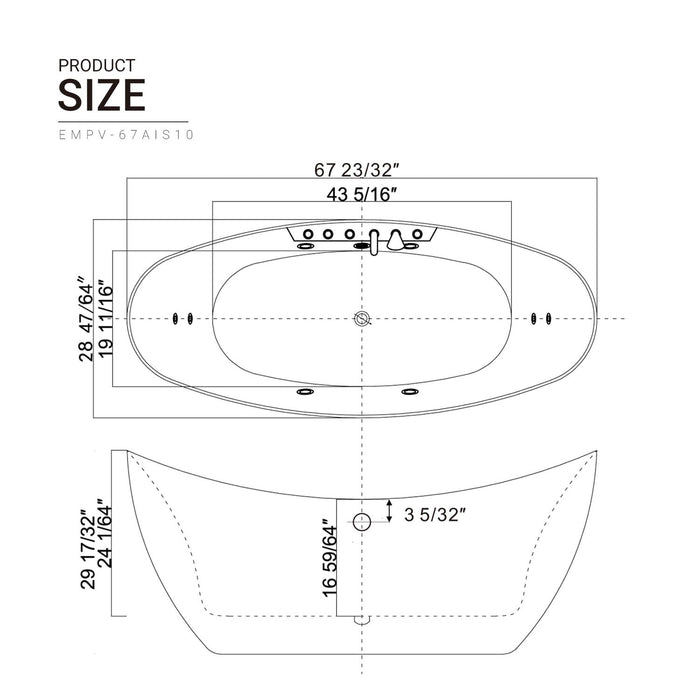 Empava 67" Freestanding Boat-Shape Whirlpool Bathtub with Central Drain in White