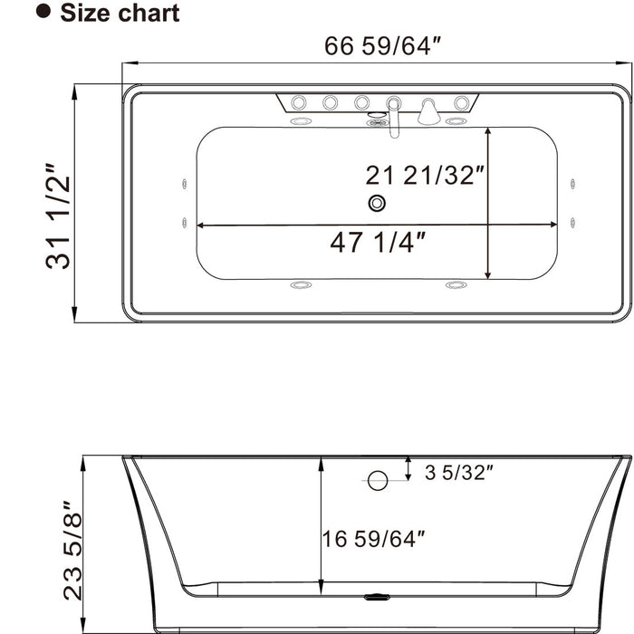 Empava 67" Freestanding Rectangular Whirlpool Tub with Central Drain in White