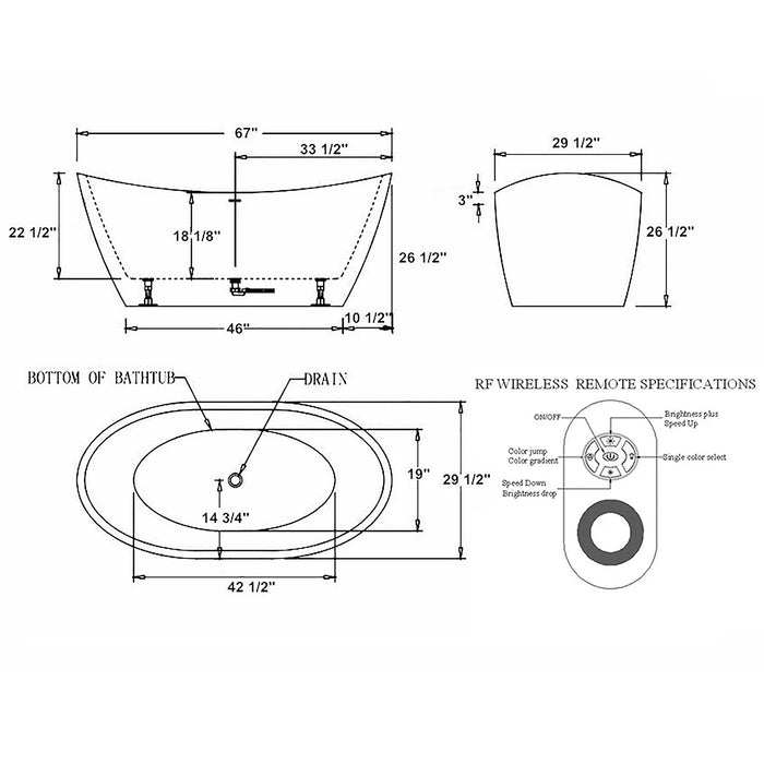 67" Freestanding LED Soaking Tub with Central Drain