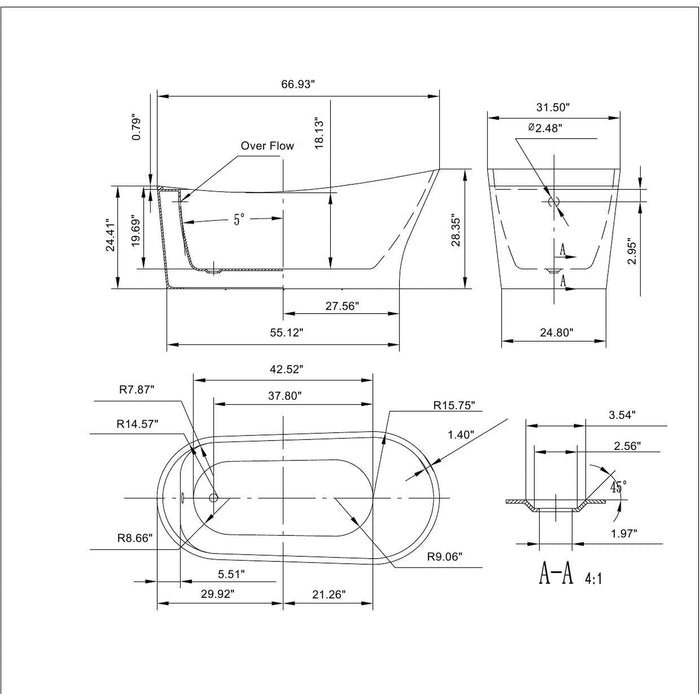 Empava 67" Freestanding Soaking Tub with Left Drain in White