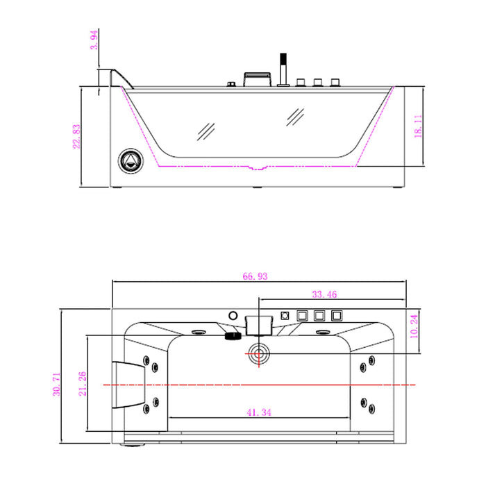 Empava 67" Alcove Whirlpool Bathtub with LED Lighting and Center Drain in White