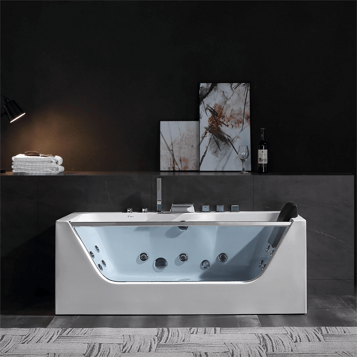 Empava 67" Alcove Whirlpool Bathtub with LED Lighting and Center Drain in White