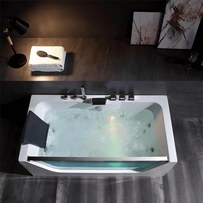 Empava 67" Alcove Whirlpool Bathtub with LED Lighting and Center Drain in White