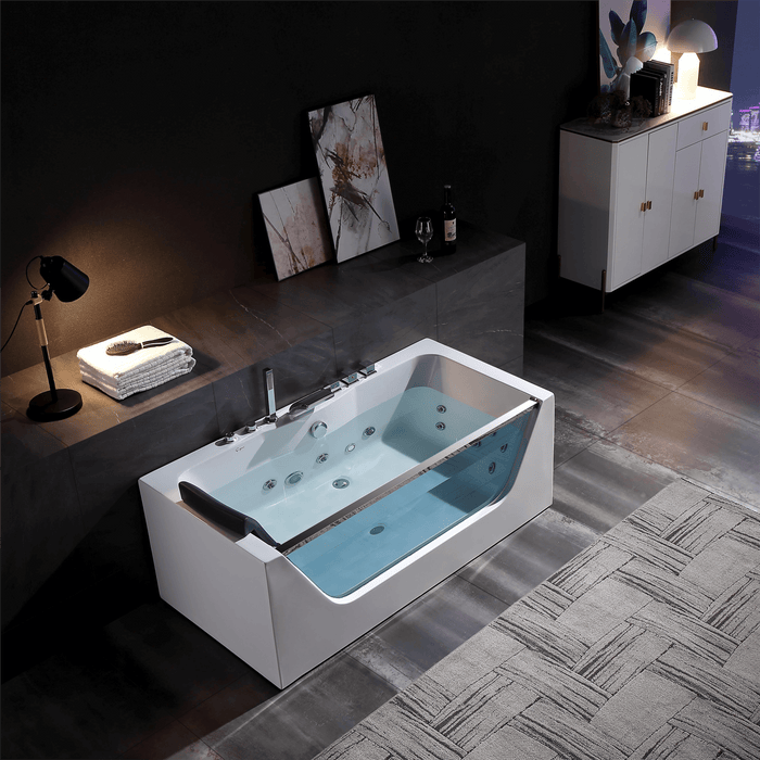 Empava 67" Alcove Whirlpool Bathtub with LED Lighting and Center Drain in White