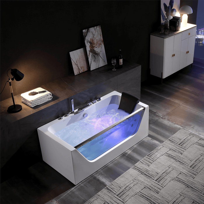 Empava 67" Alcove Whirlpool Bathtub with LED Lighting and Center Drain in White