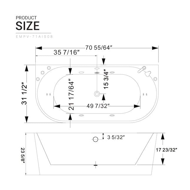 71" Freestanding Hydro Massage Whirlpool Tub with Central Drain in White