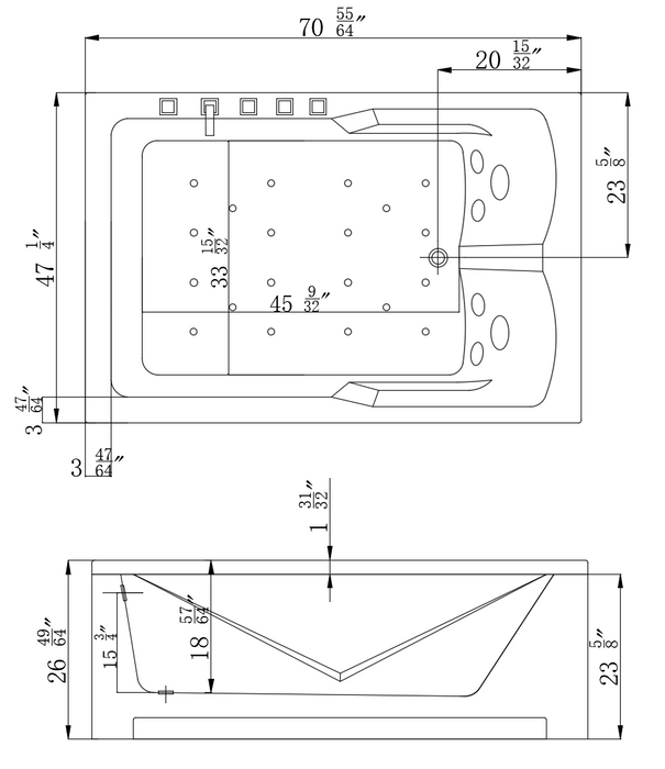 71" Alcove Whirlpool 2-Person Right Drain Bathtub in White