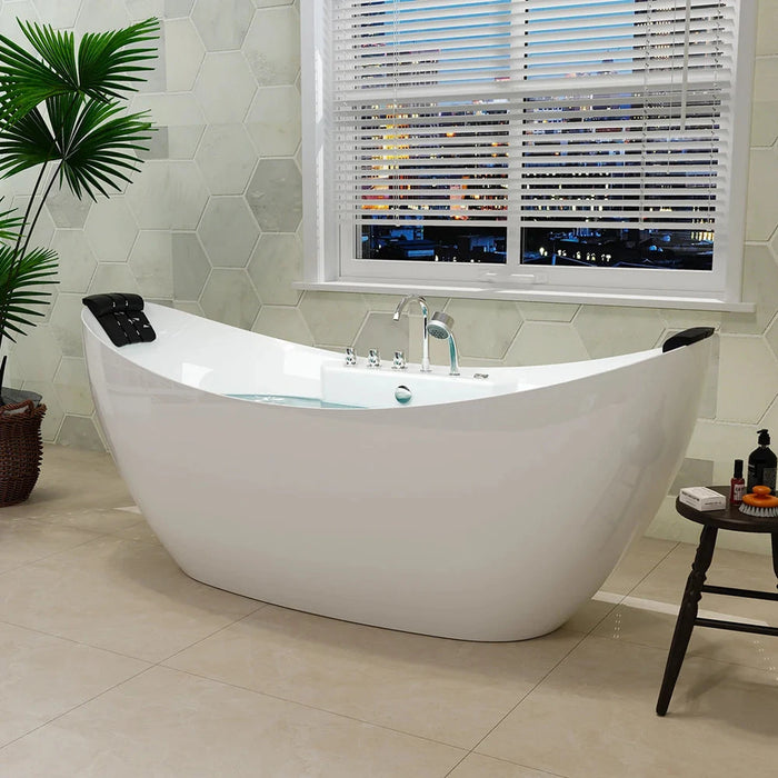 Empava 67" Freestanding Boat-Shape Whirlpool Bathtub with Central Drain in White