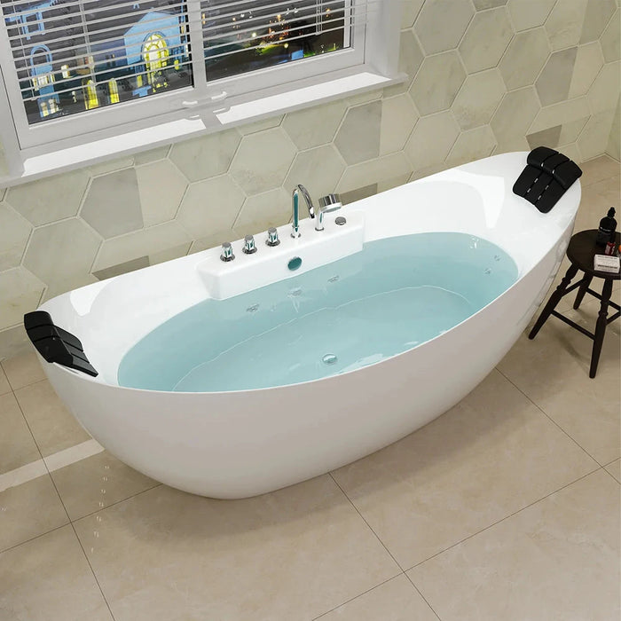 Empava 67" Freestanding Boat-Shape Whirlpool Bathtub with Central Drain in White