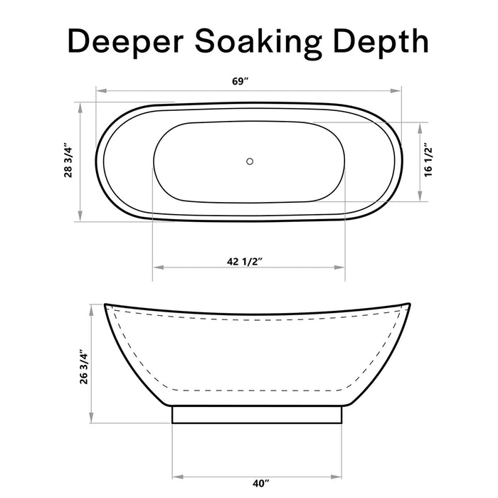 Empava 69" Freestanding Soaking Tub with Center Drain in White